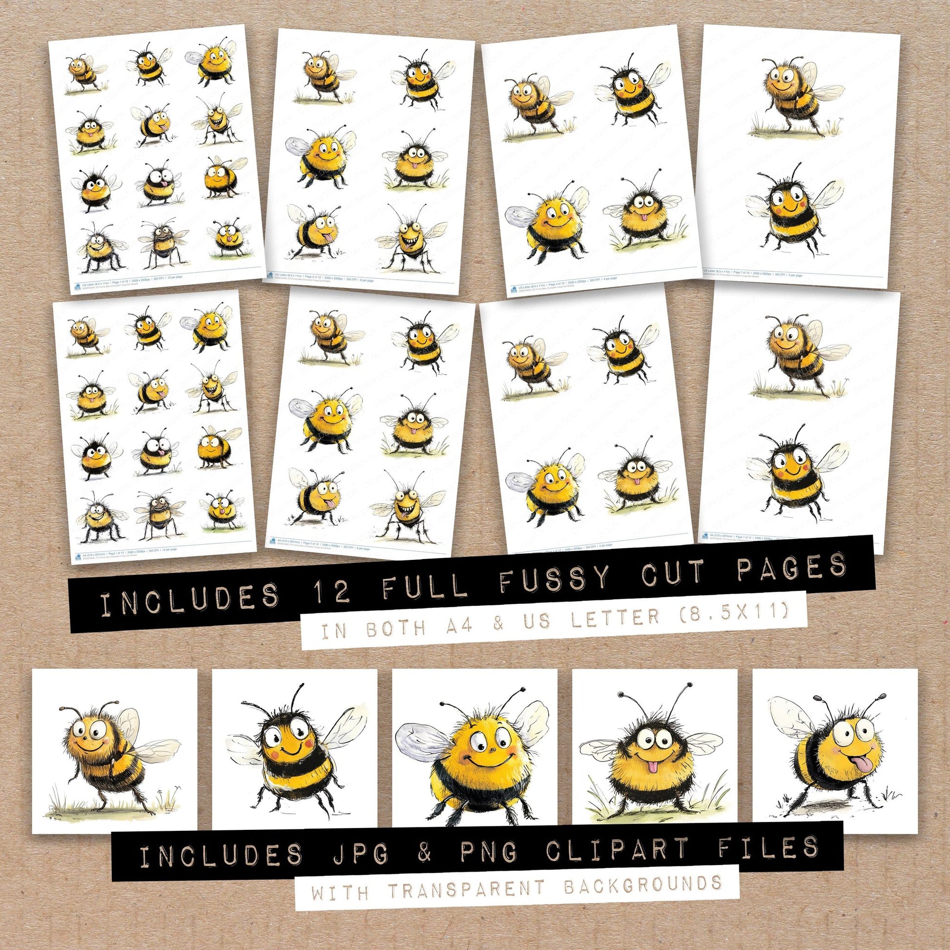 Full collection view of Funny Bee Character fussy cut sheets with bonus clipart JPG and PNG files
