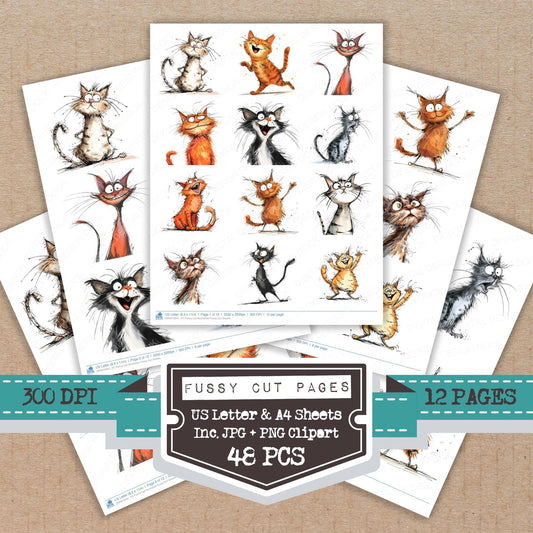Funny Cat Illustration fussy cut printable sheets for junk journaling, scrapbooking, and paper craft projects