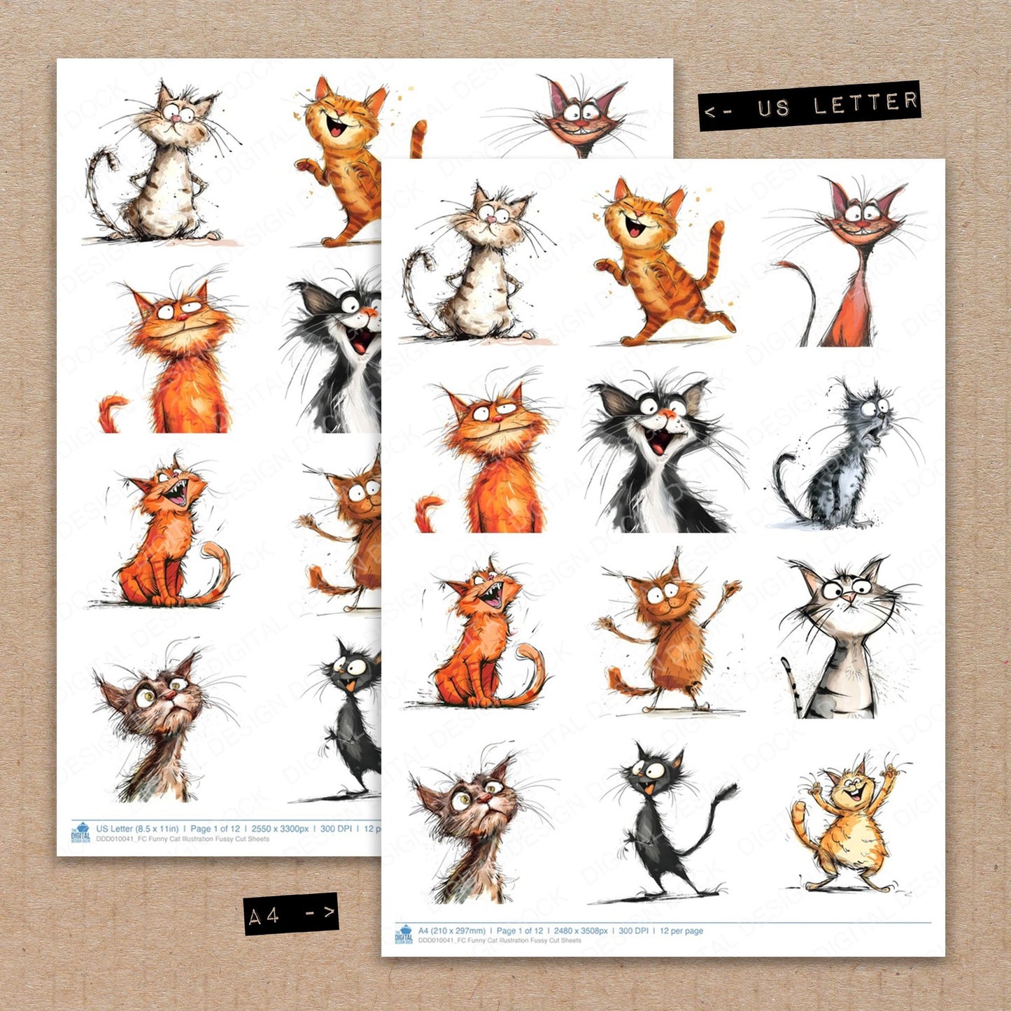 A4 and US Letter format comparison showing Funny Cat Illustration fussy cut pages for print and cut crafting