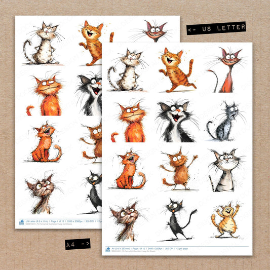 A4 and US Letter format comparison showing Funny Cat Illustration fussy cut pages for print and cut crafting