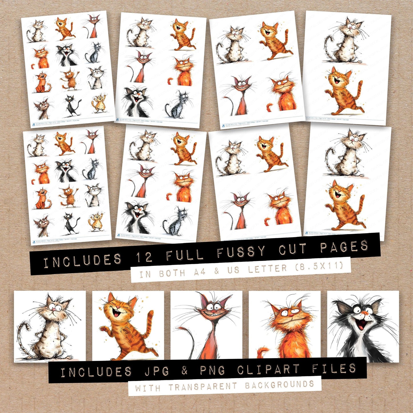 Full collection view of Funny Cat Illustration fussy cut sheets with bonus clipart JPG and PNG files