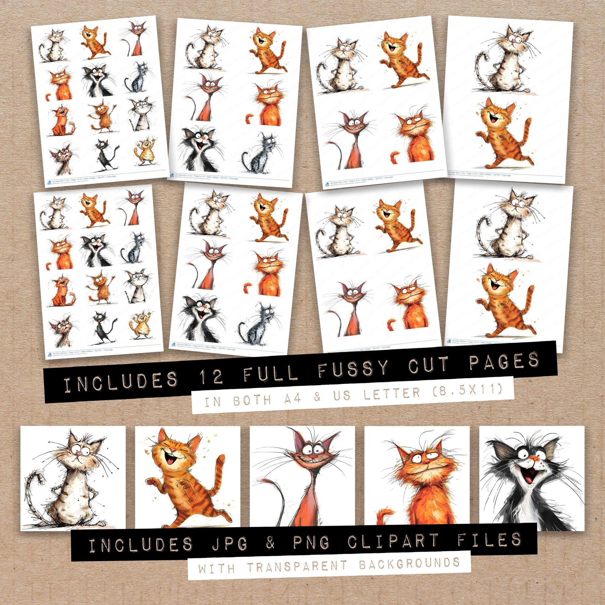 Full collection view of Funny Cat Illustration fussy cut sheets with bonus clipart JPG and PNG files