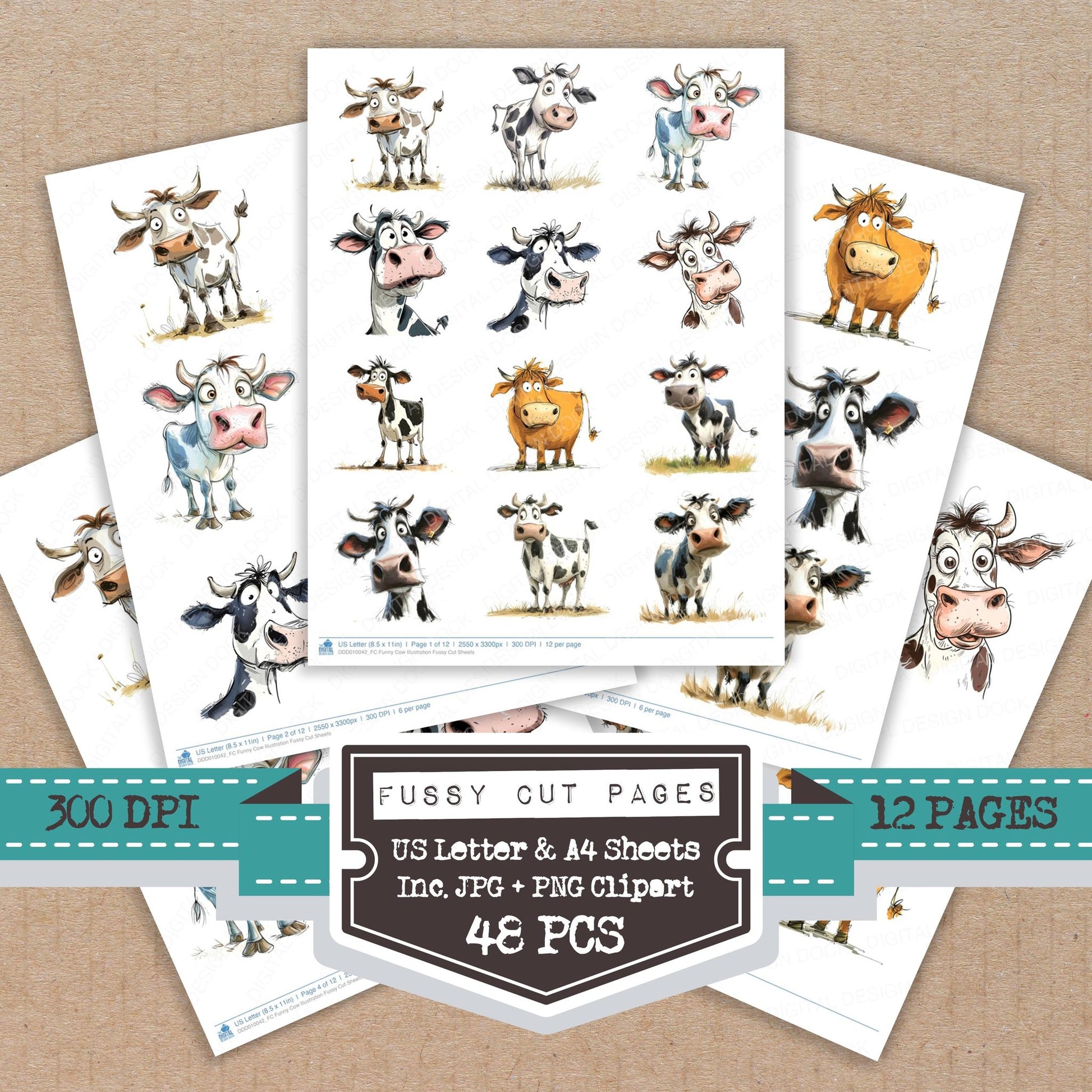Funny Cow Illustration fussy cut printable sheets for junk journaling, scrapbooking, and paper craft projects