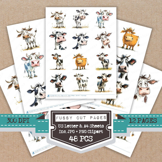 Funny Cow Illustration fussy cut printable sheets for junk journaling, scrapbooking, and paper craft projects