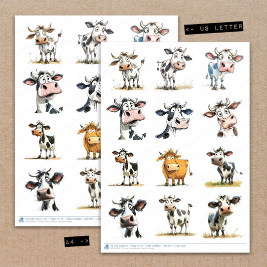 A4 and US Letter format comparison showing Funny Cow Illustration fussy cut pages for print and cut crafting