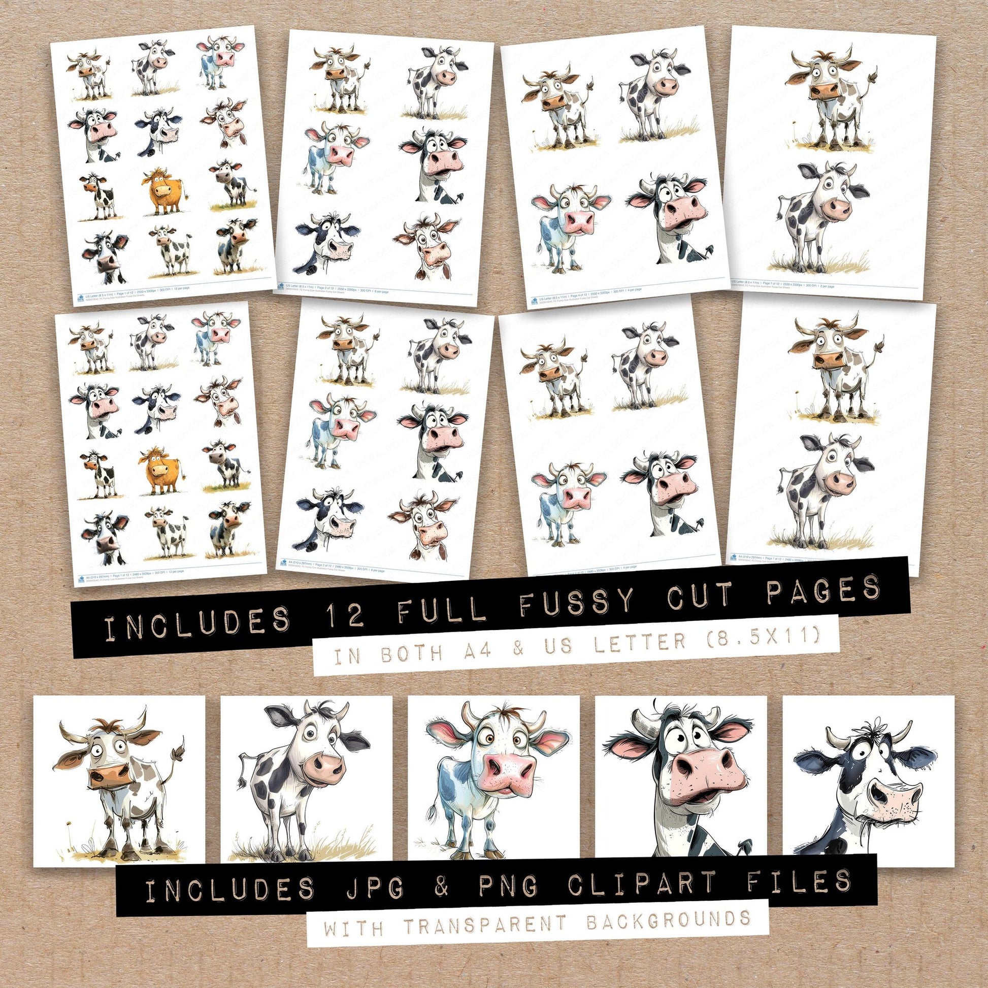 Full collection view of Funny Cow Illustration fussy cut sheets with bonus clipart JPG and PNG files