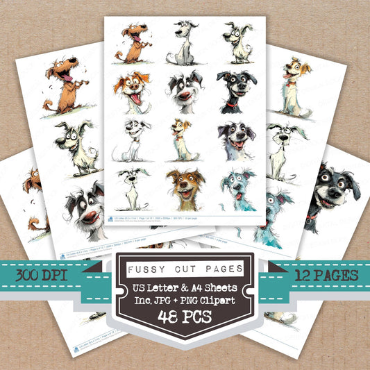 Funny Dog Illustration fussy cut printable sheets for junk journaling, scrapbooking, and paper craft projects
