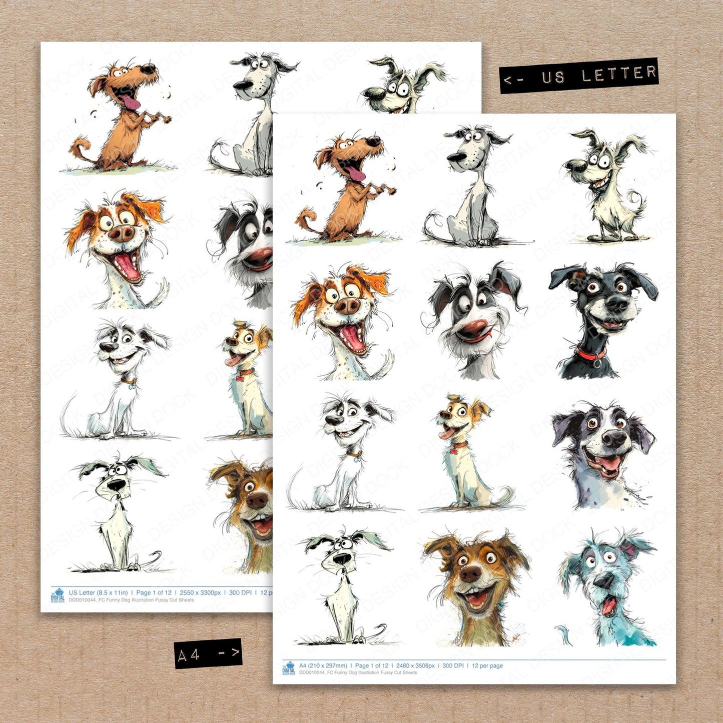 A4 and US Letter format comparison showing Funny Dog Illustration fussy cut pages for print and cut crafting