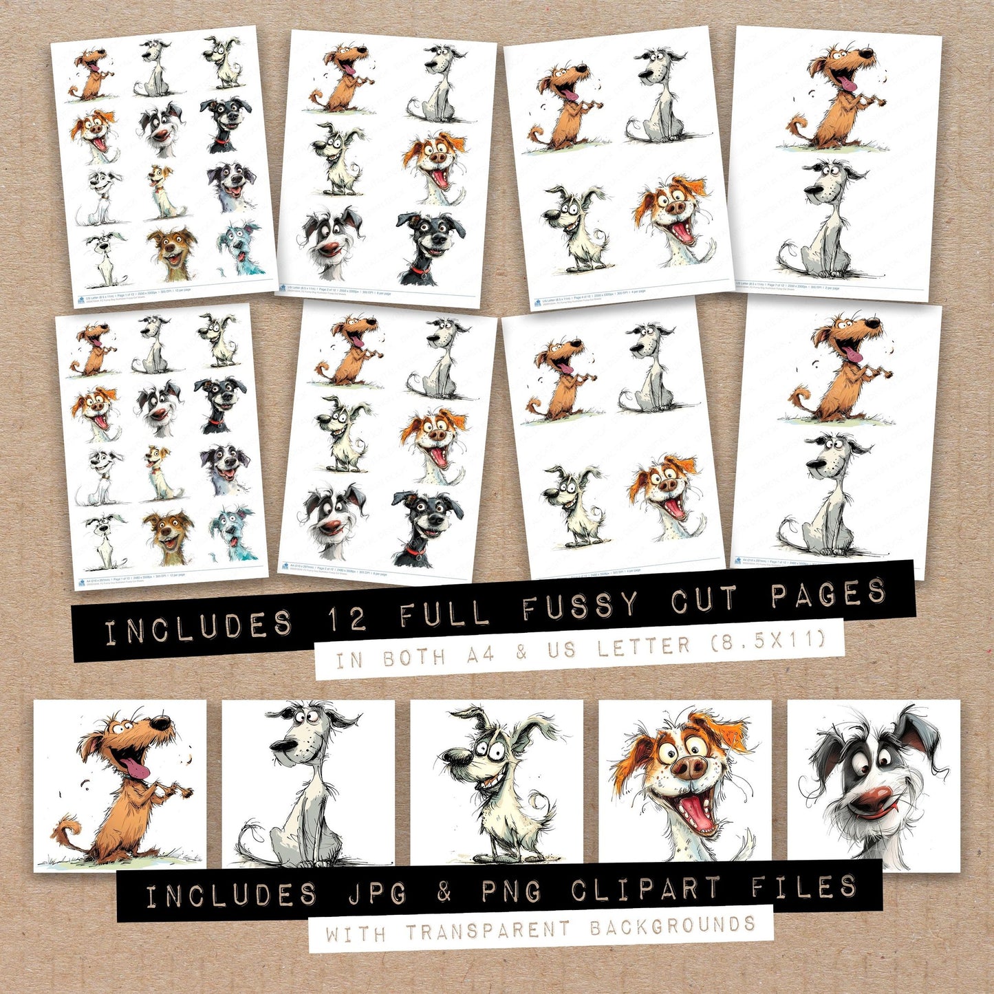 Full collection view of Funny Dog Illustration fussy cut sheets with bonus clipart JPG and PNG files