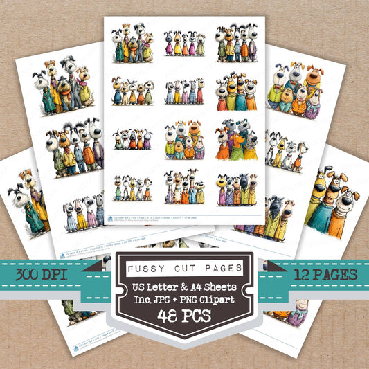 Funny Dog Line Up fussy cut printable sheets for junk journaling, scrapbooking, and paper craft projects