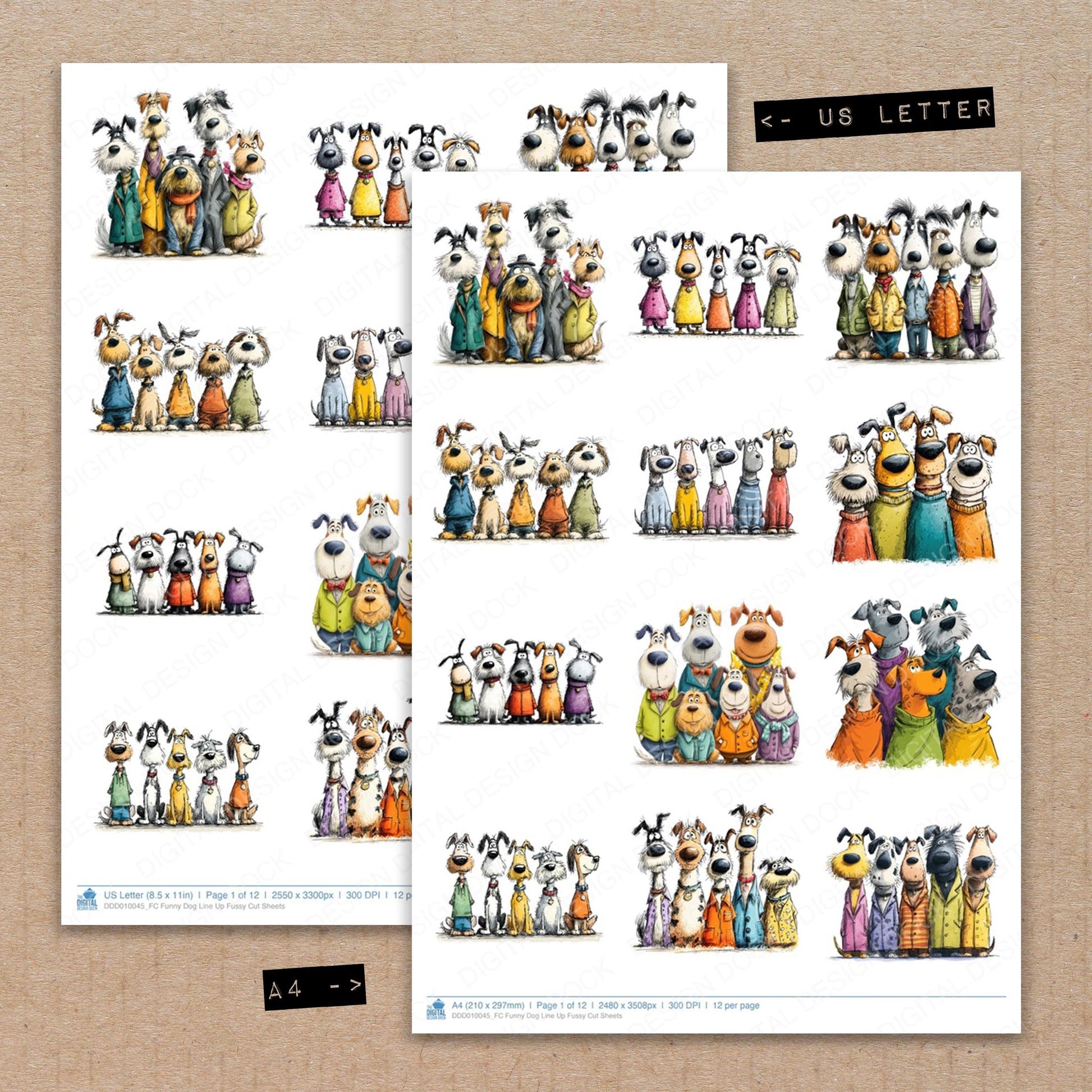 A4 and US Letter format comparison showing Funny Dog Line Up fussy cut pages for print and cut crafting