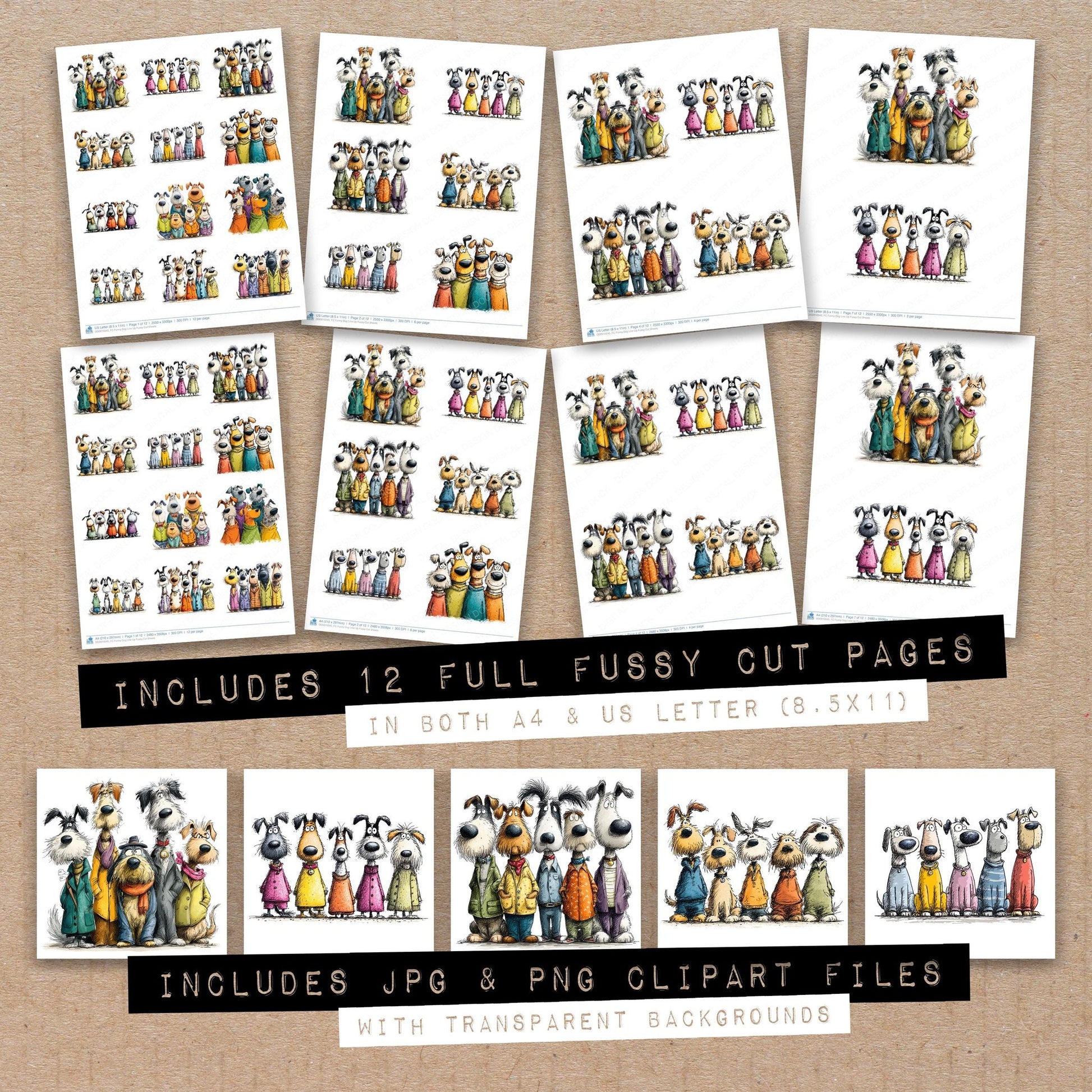Full collection view of Funny Dog Line Up fussy cut sheets with bonus clipart JPG and PNG files