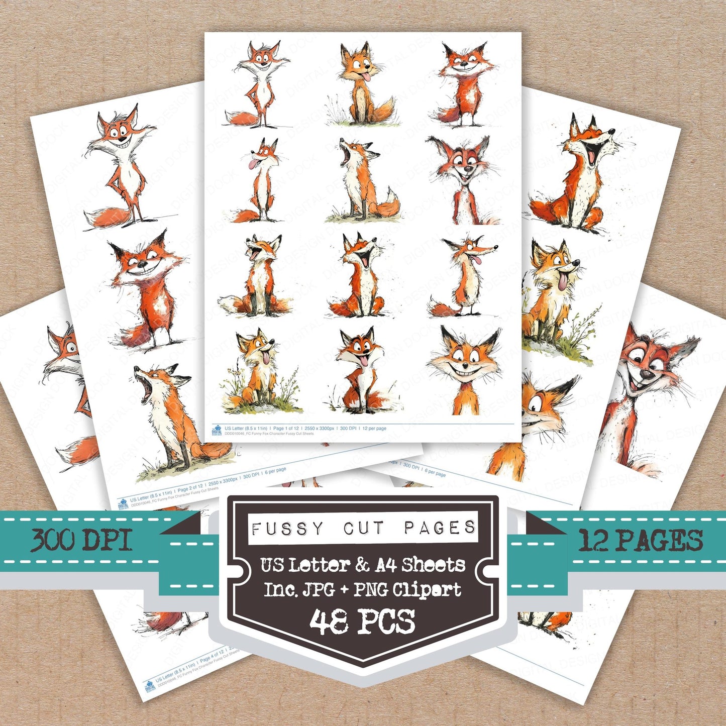 Funny Fox Character fussy cut printable sheets for junk journaling, scrapbooking, and paper craft projects