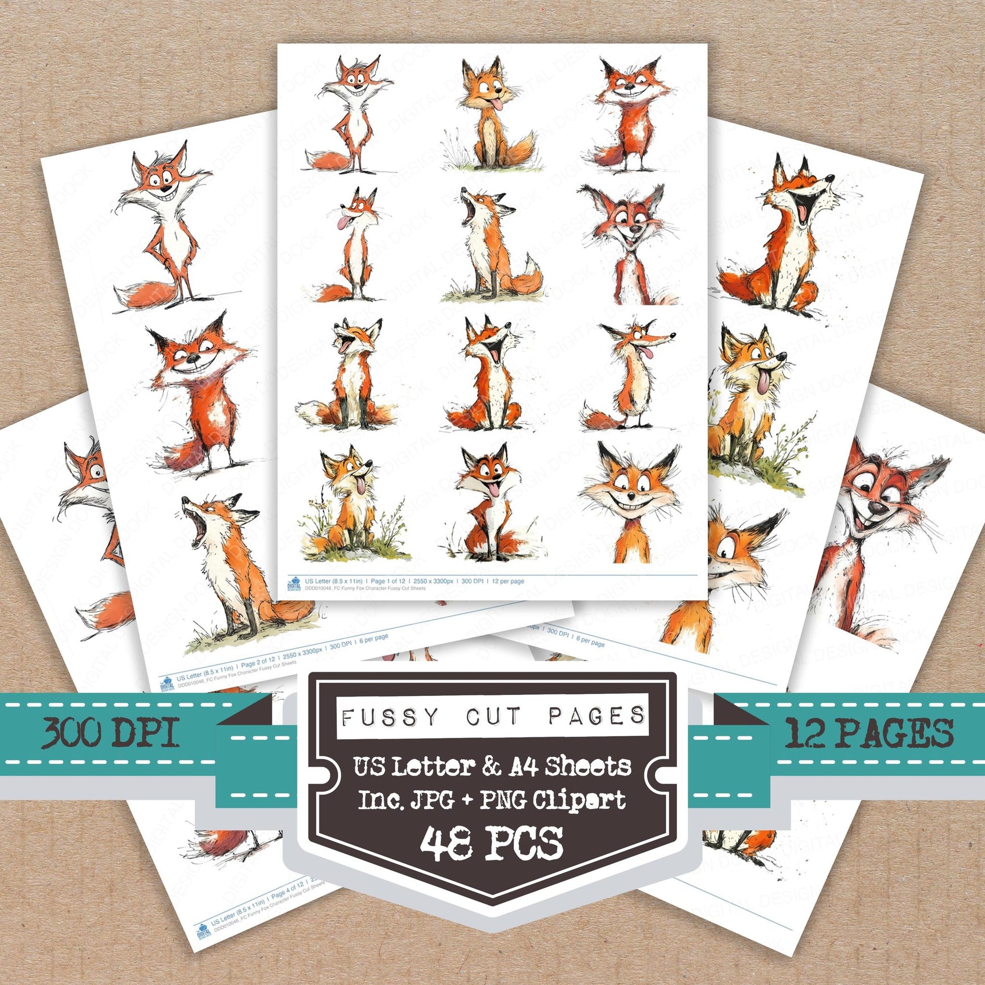 Funny Fox Character fussy cut printable sheets for junk journaling, scrapbooking, and paper craft projects