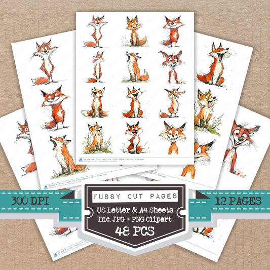 Funny Fox Character fussy cut printable sheets for junk journaling, scrapbooking, and paper craft projects