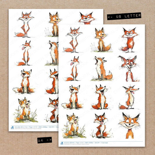 A4 and US Letter format comparison showing Funny Fox Character fussy cut pages for print and cut crafting