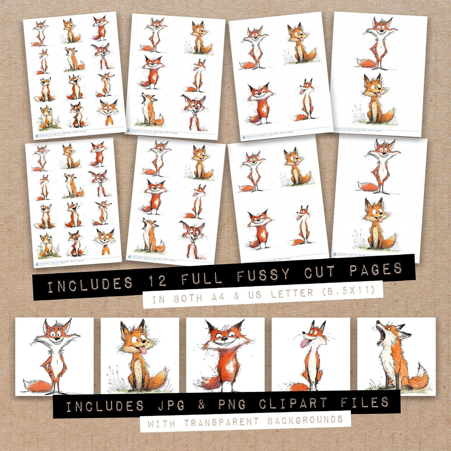 Full collection view of Funny Fox Character fussy cut sheets with bonus clipart JPG and PNG files