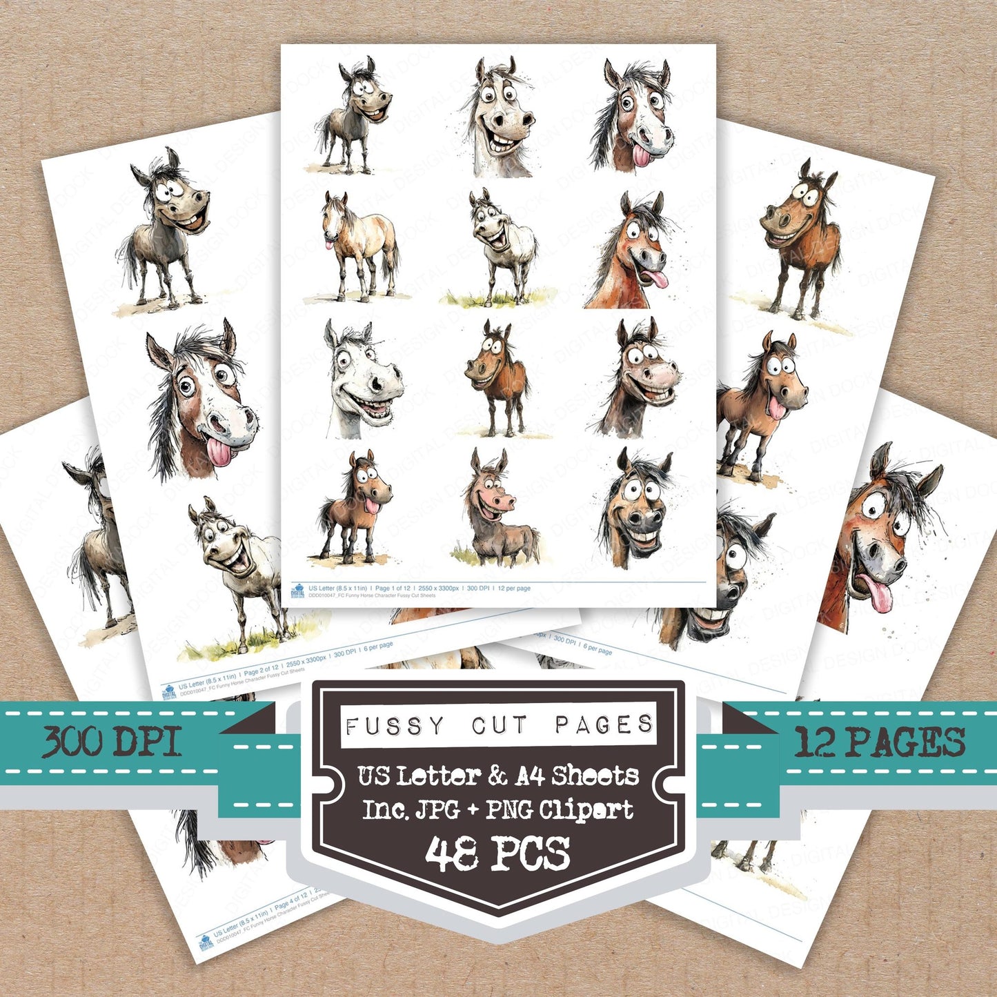 Funny Horse Character fussy cut printable sheets for junk journaling, scrapbooking, and paper craft projects