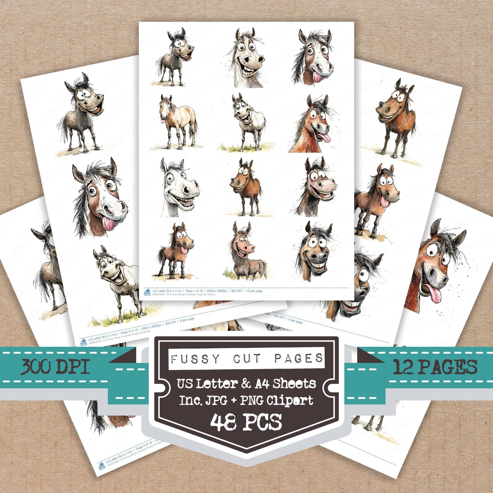 Funny Horse Character fussy cut printable sheets for junk journaling, scrapbooking, and paper craft projects