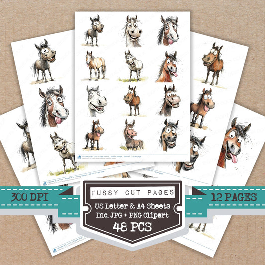 Funny Horse Character fussy cut printable sheets for junk journaling, scrapbooking, and paper craft projects