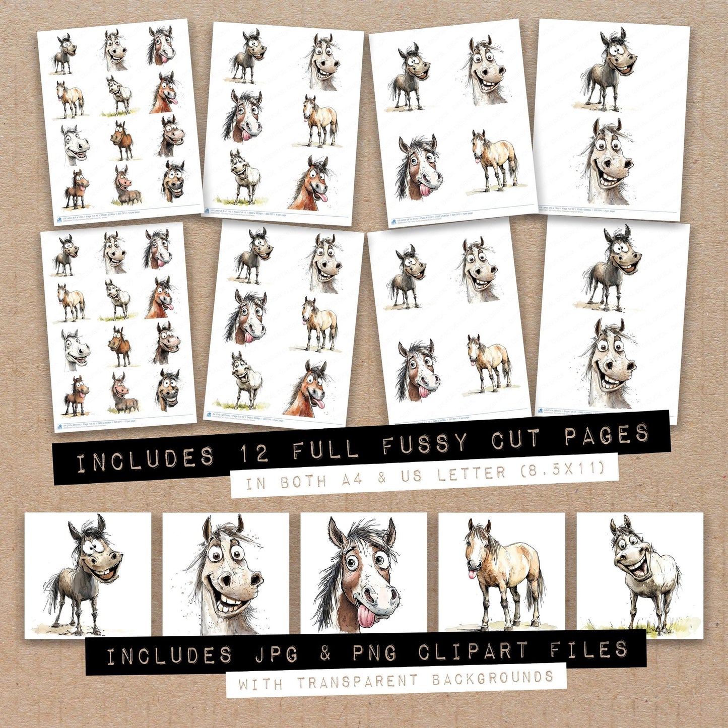 Full collection view of Funny Horse Character fussy cut sheets with bonus clipart JPG and PNG files