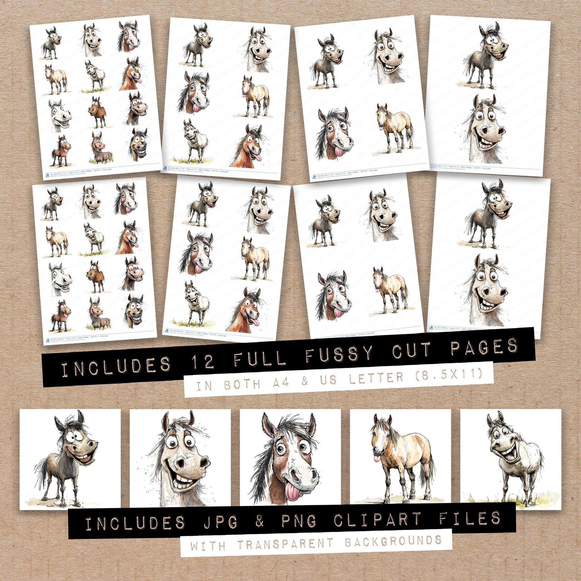 Full collection view of Funny Horse Character fussy cut sheets with bonus clipart JPG and PNG files