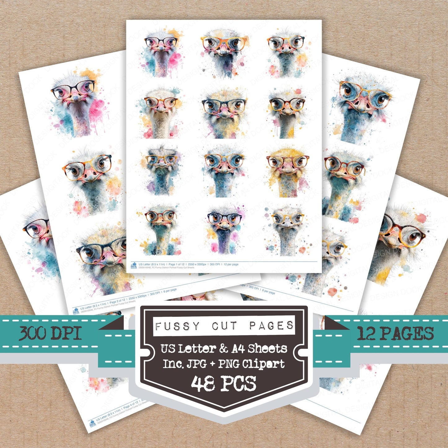 Funny Ostrich Portrait fussy cut printable sheets for junk journaling, scrapbooking, and paper craft projects