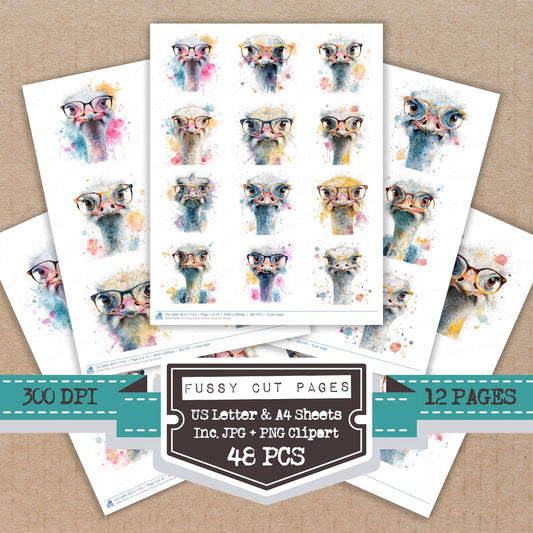 Funny Ostrich Portrait fussy cut printable sheets for junk journaling, scrapbooking, and paper craft projects
