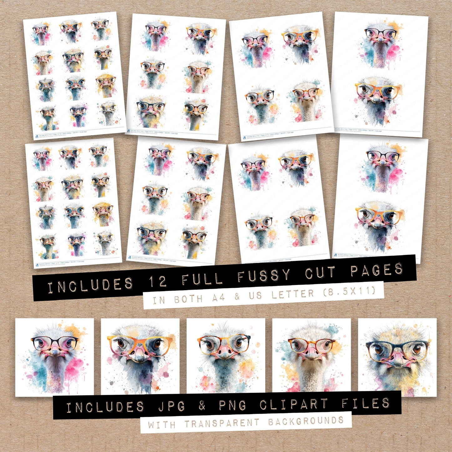 Full collection view of Funny Ostrich Portrait fussy cut sheets with bonus clipart JPG and PNG files
