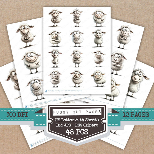 Funny Sheep Character fussy cut printable sheets for junk journaling, scrapbooking, and paper craft projects