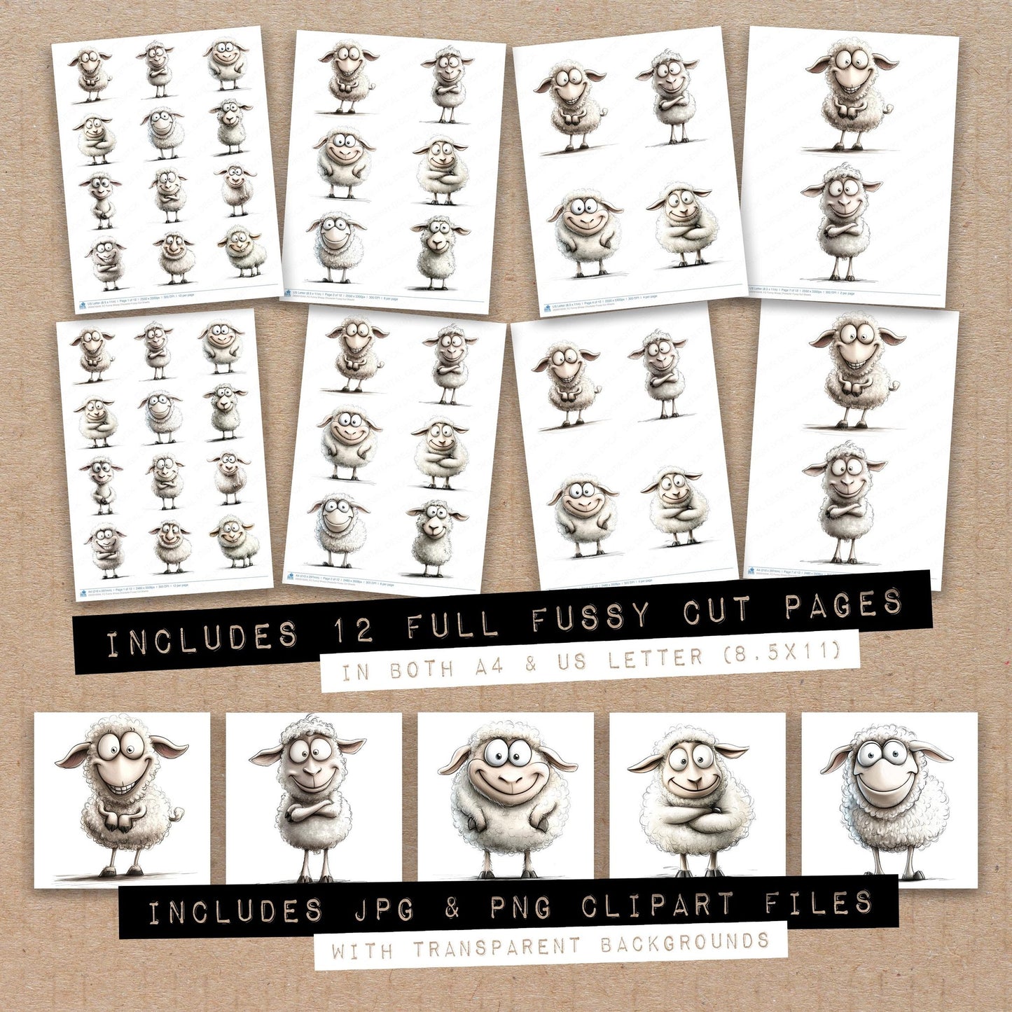 Full collection view of Funny Sheep Character fussy cut sheets with bonus clipart JPG and PNG files