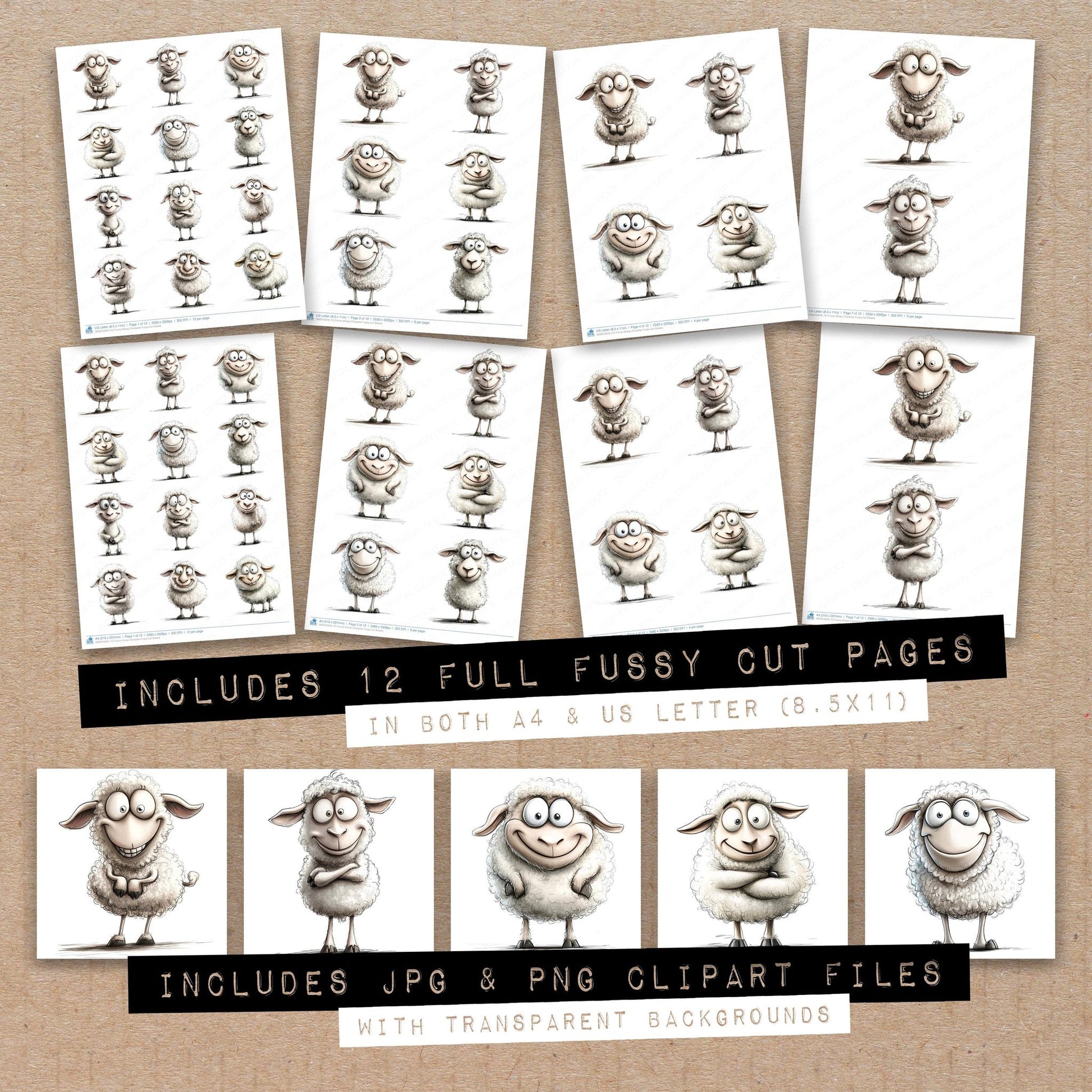 Full collection view of Funny Sheep Character fussy cut sheets with bonus clipart JPG and PNG files