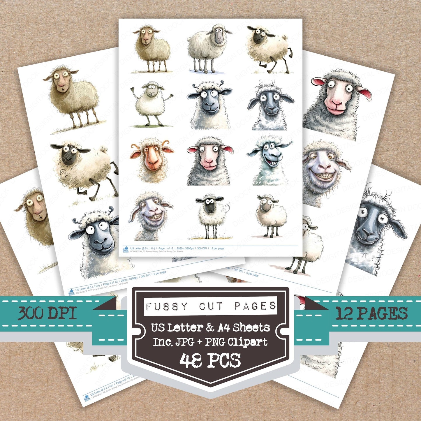 Funny Sheep One fussy cut printable sheets for junk journaling, scrapbooking, and paper craft projects