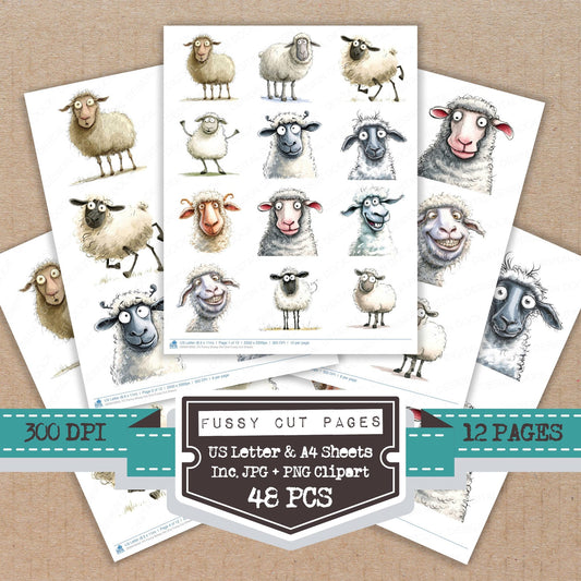 Funny Sheep One fussy cut printable sheets for junk journaling, scrapbooking, and paper craft projects
