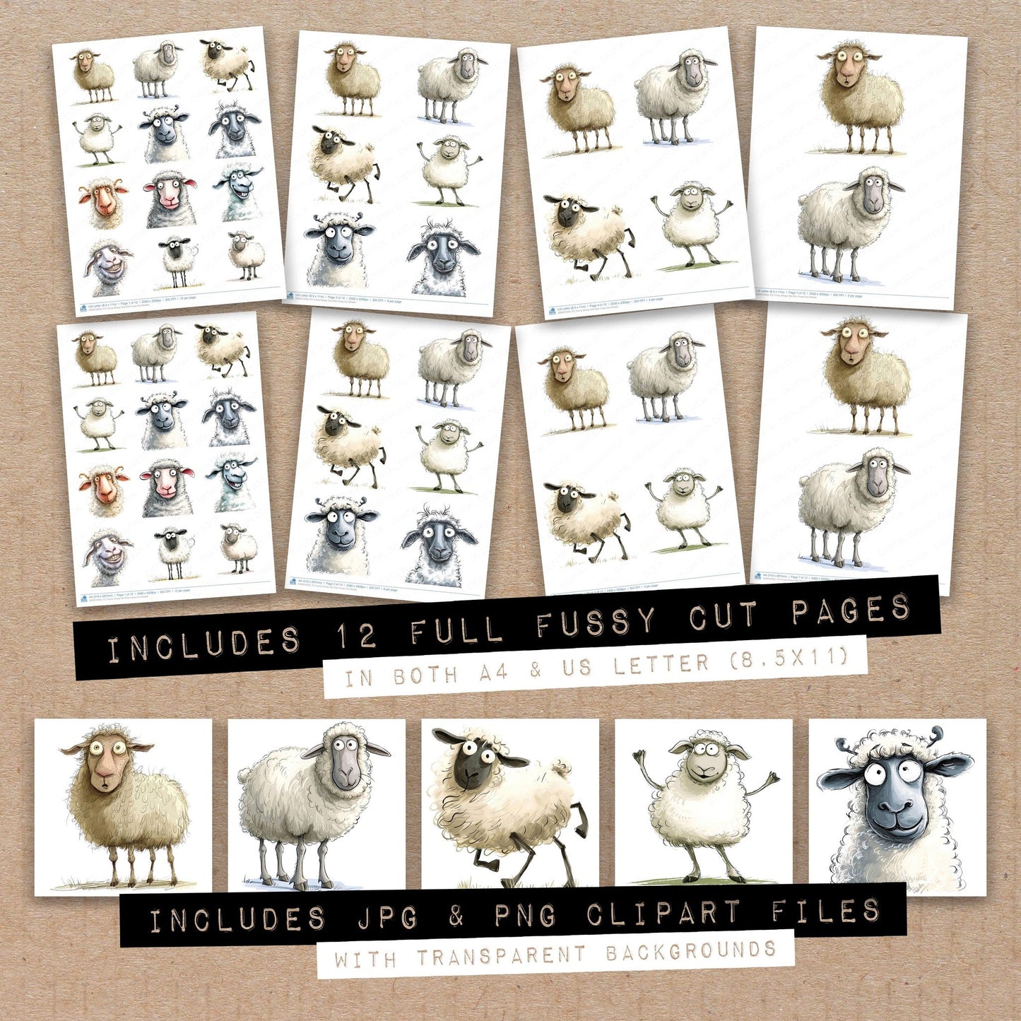 Full collection view of Funny Sheep One fussy cut sheets with bonus clipart JPG and PNG files