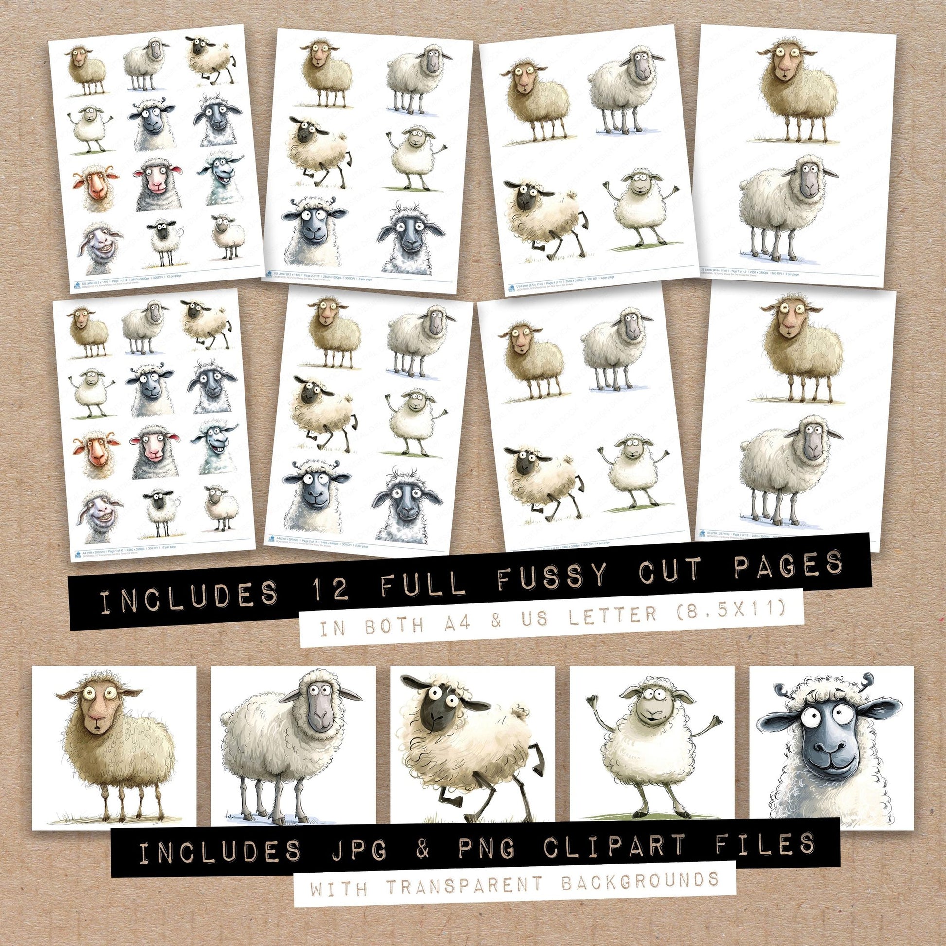 Full collection view of Funny Sheep One fussy cut sheets with bonus clipart JPG and PNG files