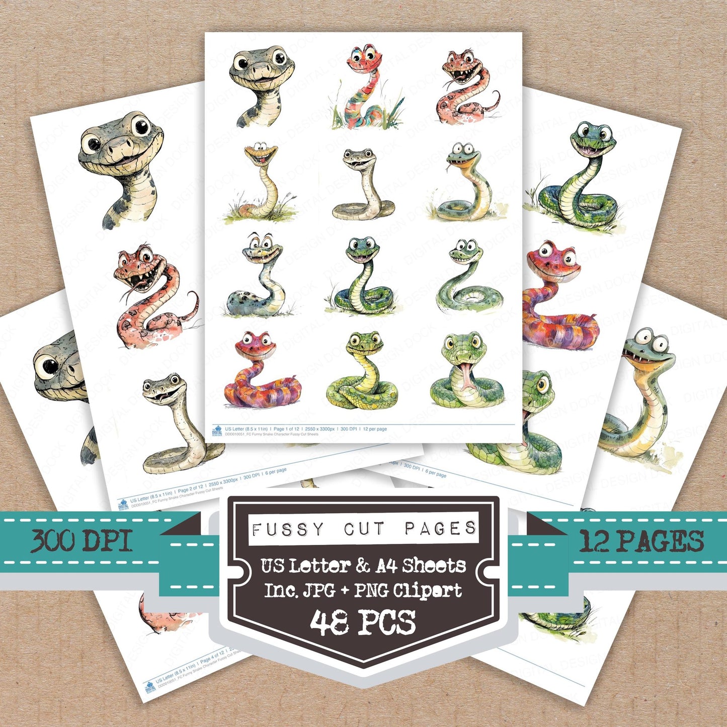 Funny Snake Character fussy cut printable sheets for junk journaling, scrapbooking, and paper craft projects