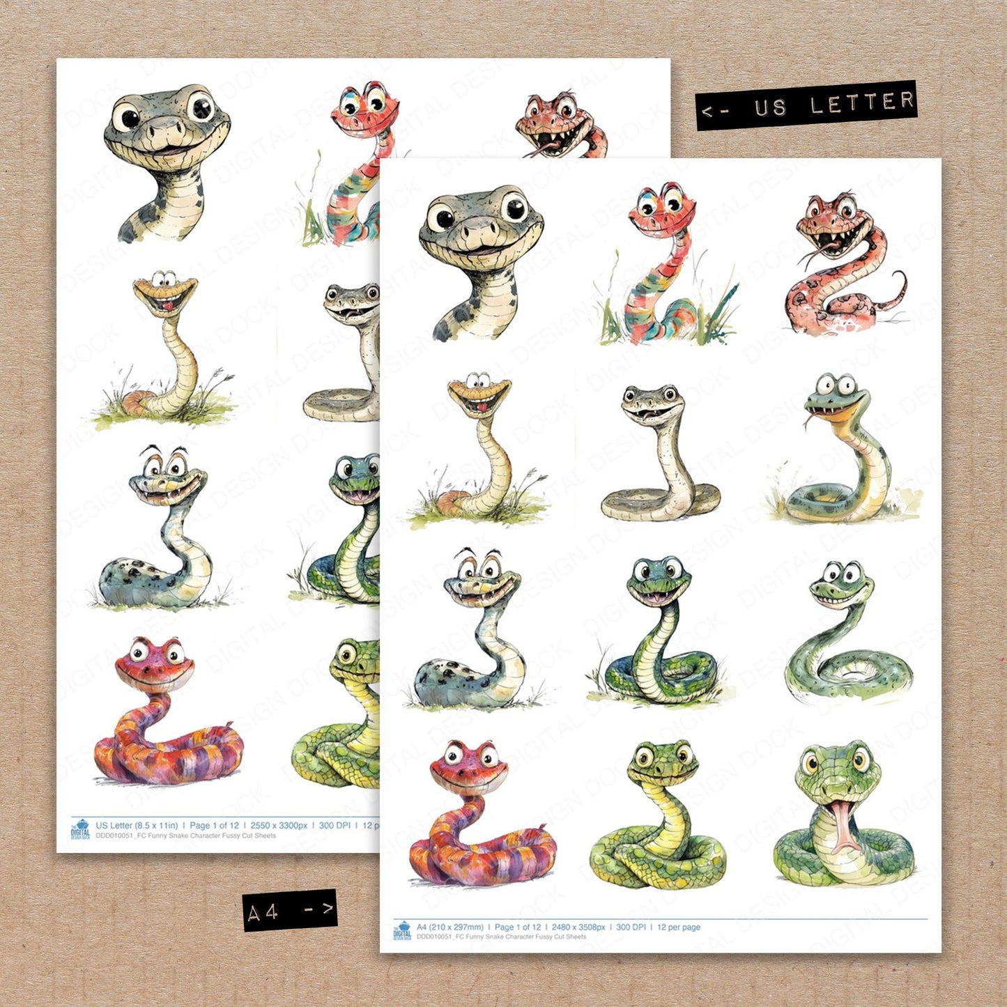A4 and US Letter format comparison showing Funny Snake Character fussy cut pages for print and cut crafting