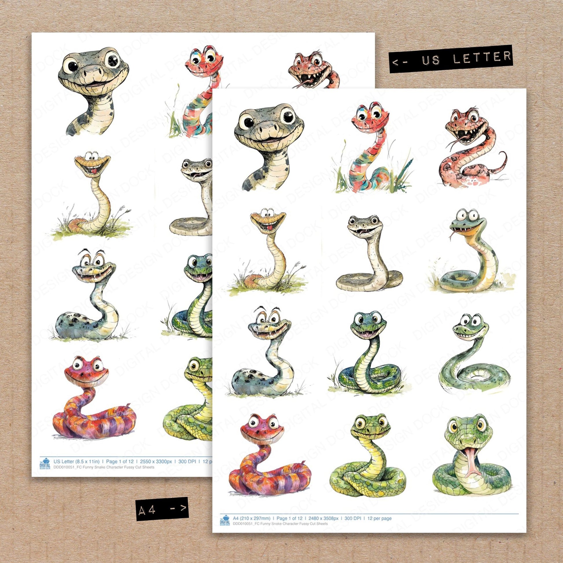A4 and US Letter format comparison showing Funny Snake Character fussy cut pages for print and cut crafting