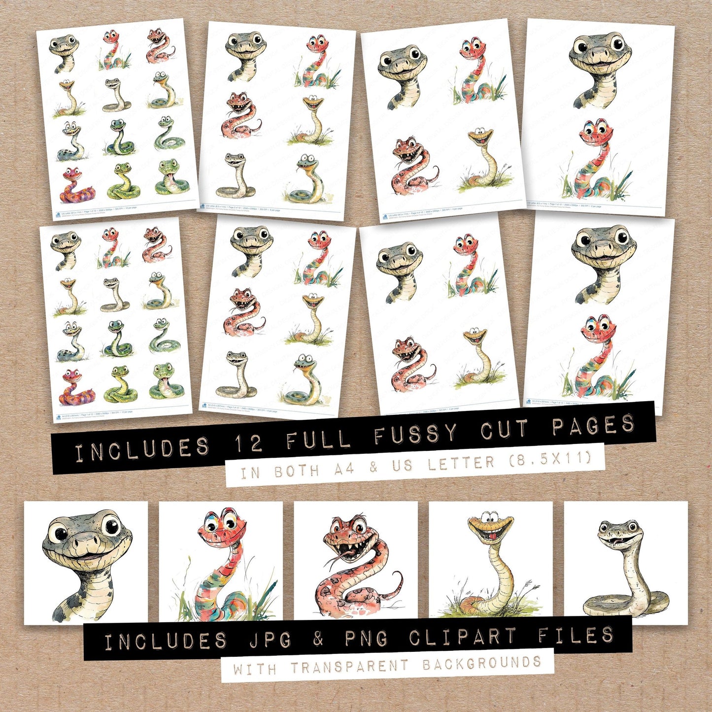 Full collection view of Funny Snake Character fussy cut sheets with bonus clipart JPG and PNG files