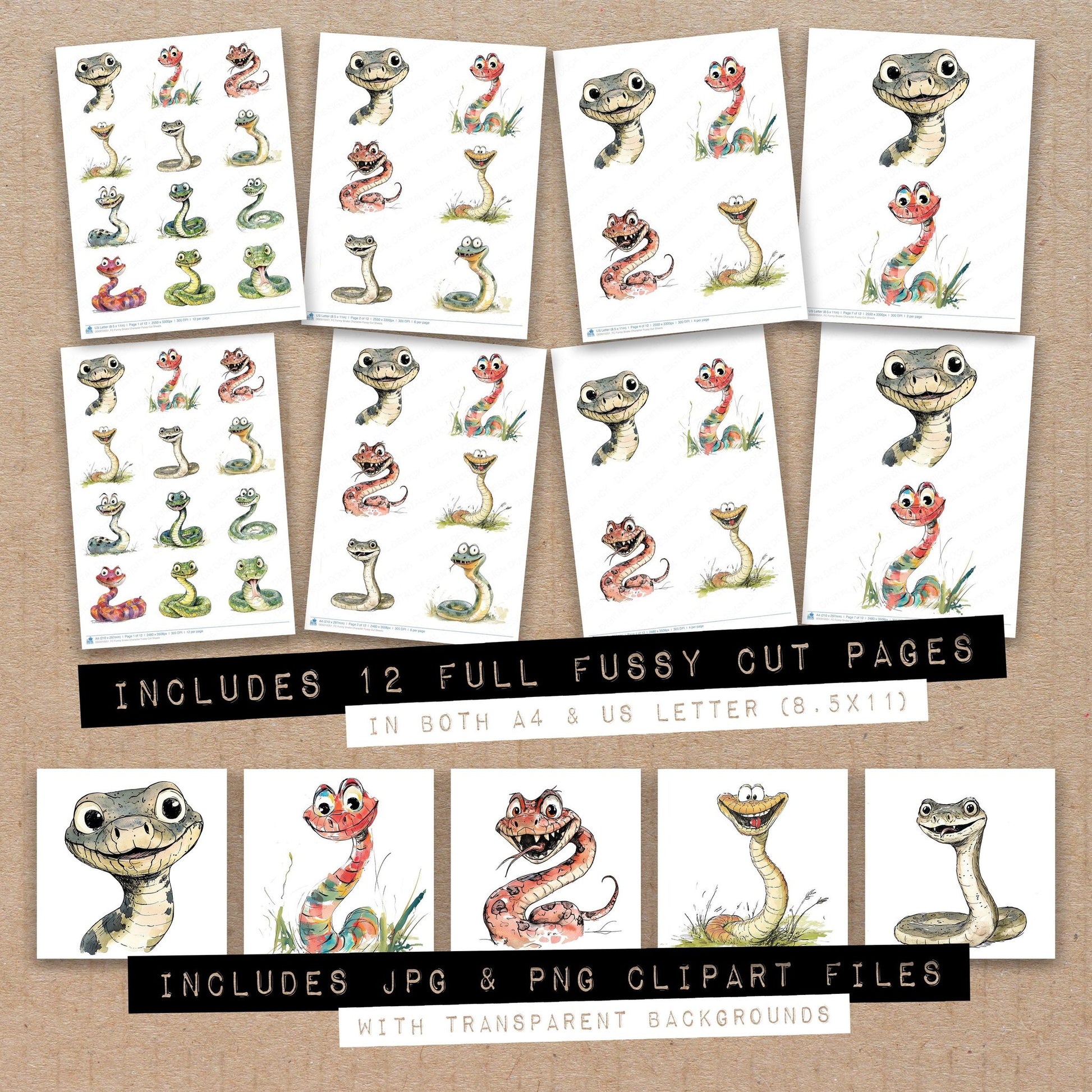 Full collection view of Funny Snake Character fussy cut sheets with bonus clipart JPG and PNG files