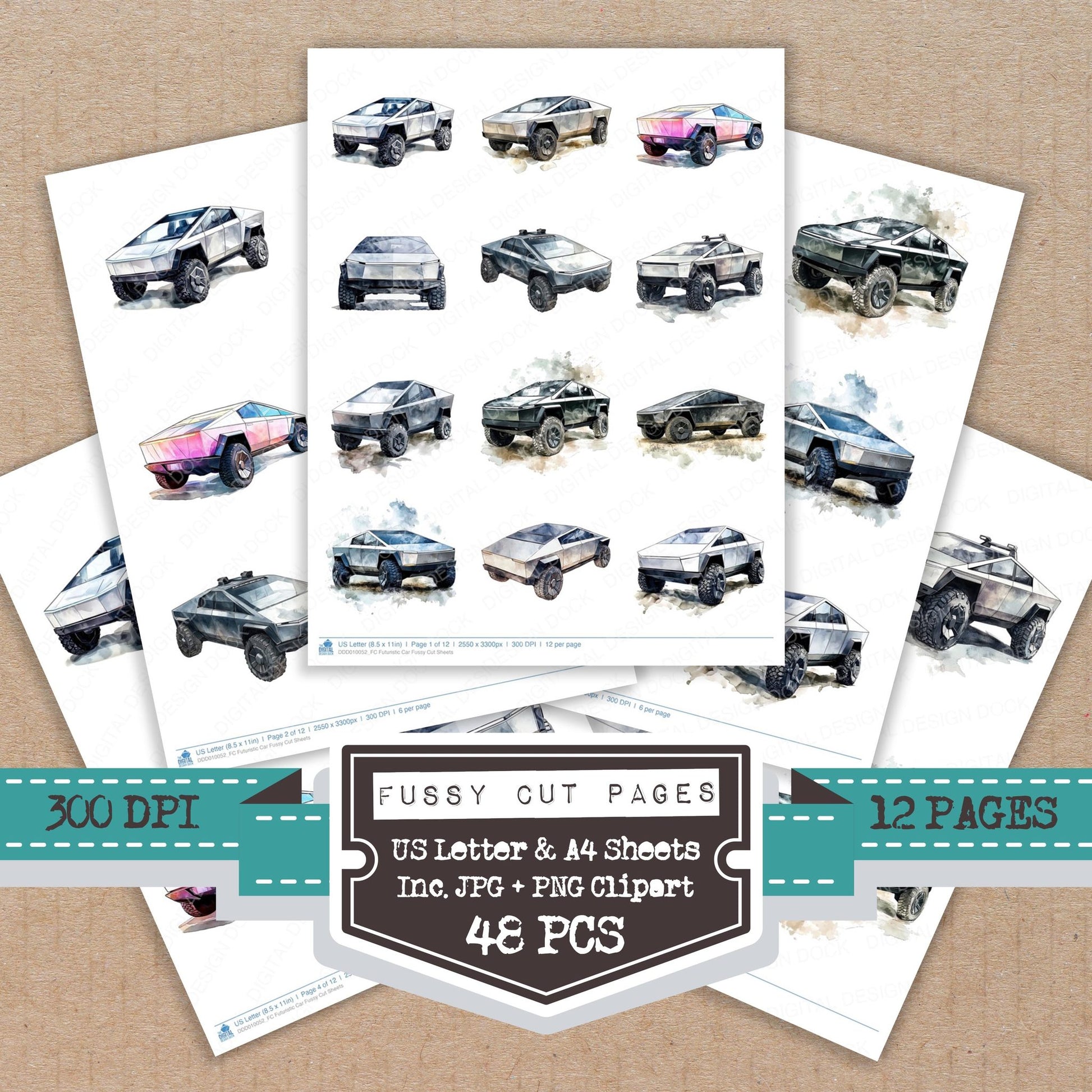 Futuristic Car fussy cut printable sheets for junk journaling, scrapbooking, and paper craft projects
