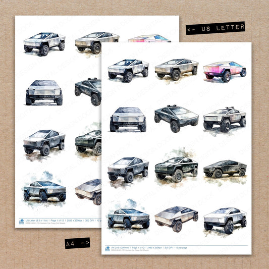 A4 and US Letter format comparison showing Futuristic Car fussy cut pages for print and cut crafting