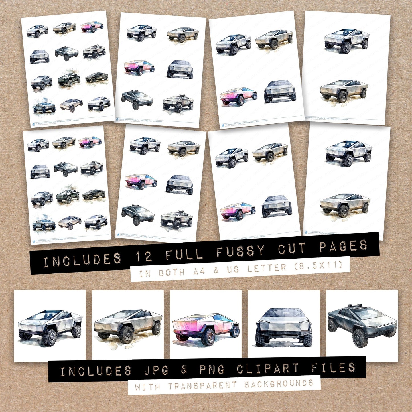 Full collection view of Futuristic Car fussy cut sheets with bonus clipart JPG and PNG files