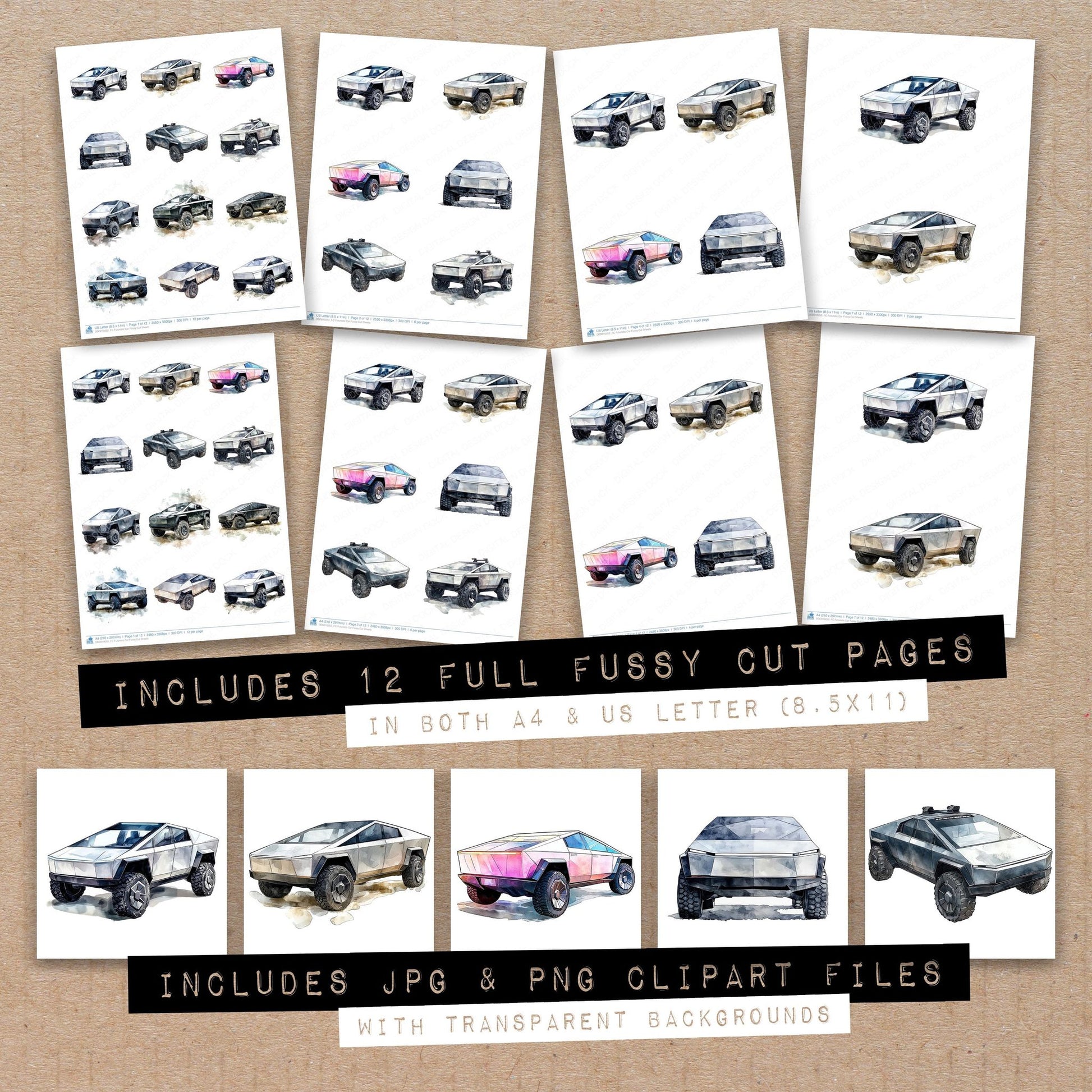 Full collection view of Futuristic Car fussy cut sheets with bonus clipart JPG and PNG files