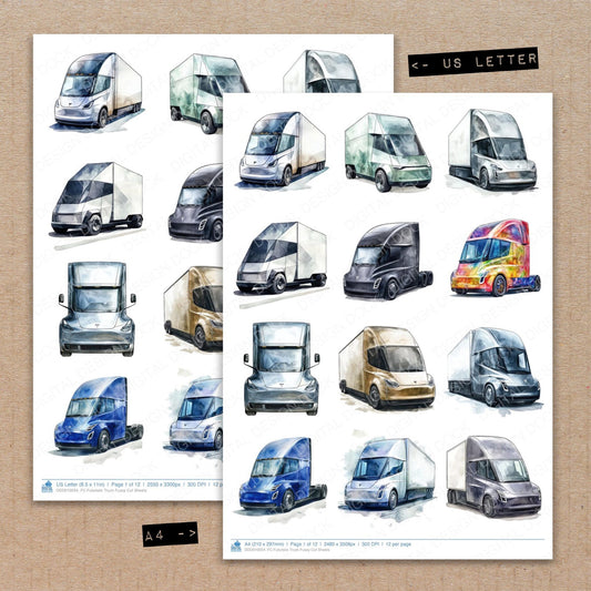 A4 and US Letter format comparison showing Futuristic Truck fussy cut pages for print and cut crafting