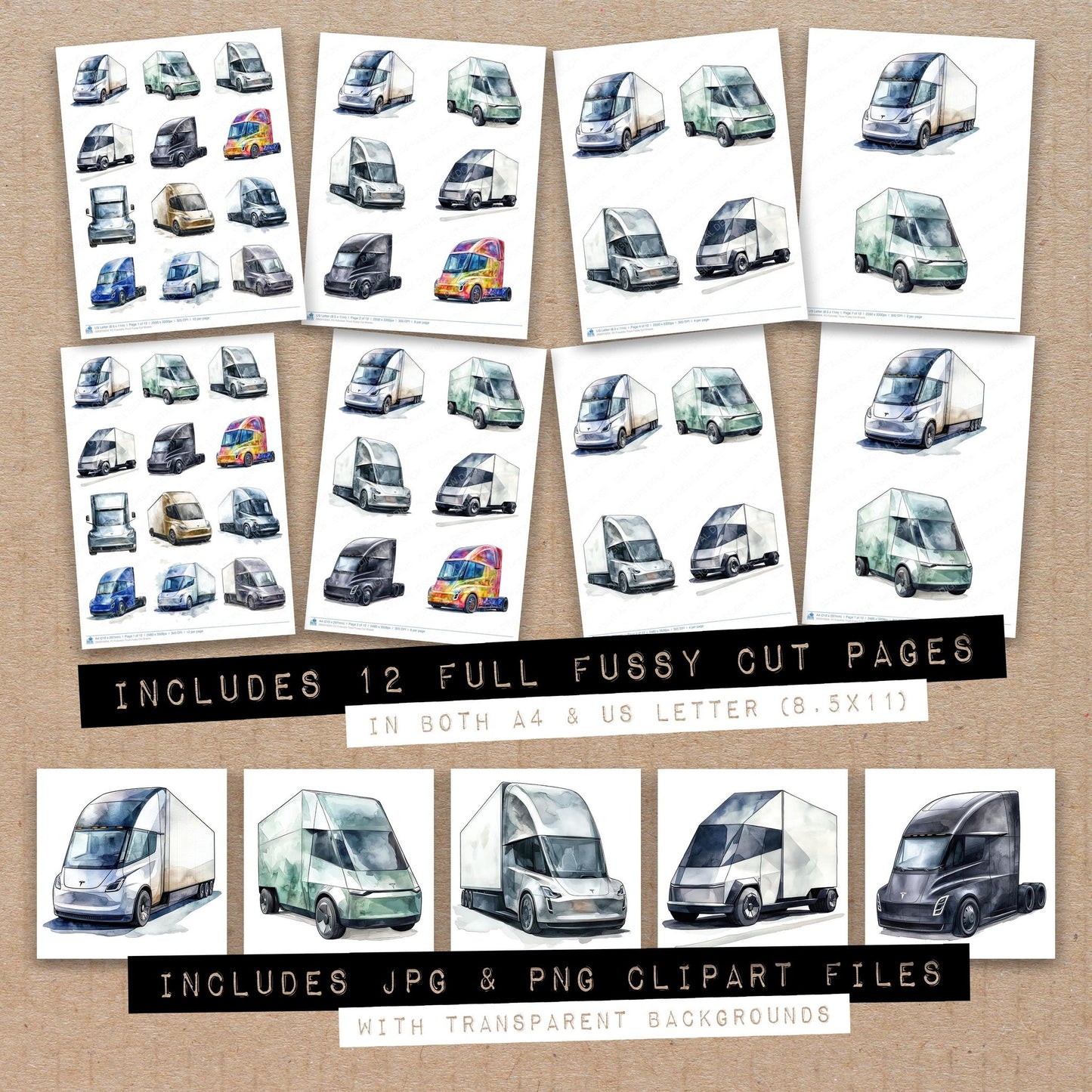 Full collection view of Futuristic Truck fussy cut sheets with bonus clipart JPG and PNG files