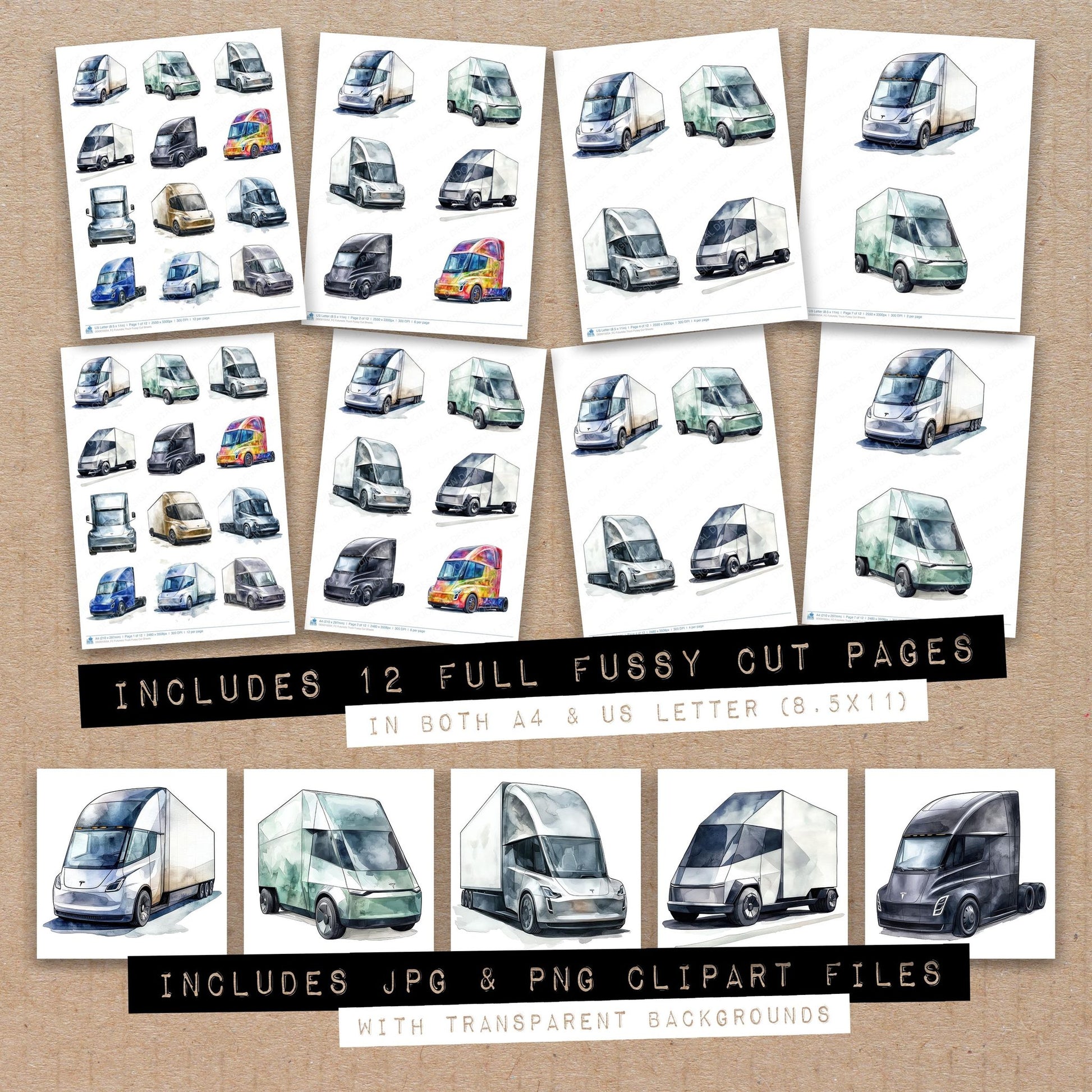 Full collection view of Futuristic Truck fussy cut sheets with bonus clipart JPG and PNG files