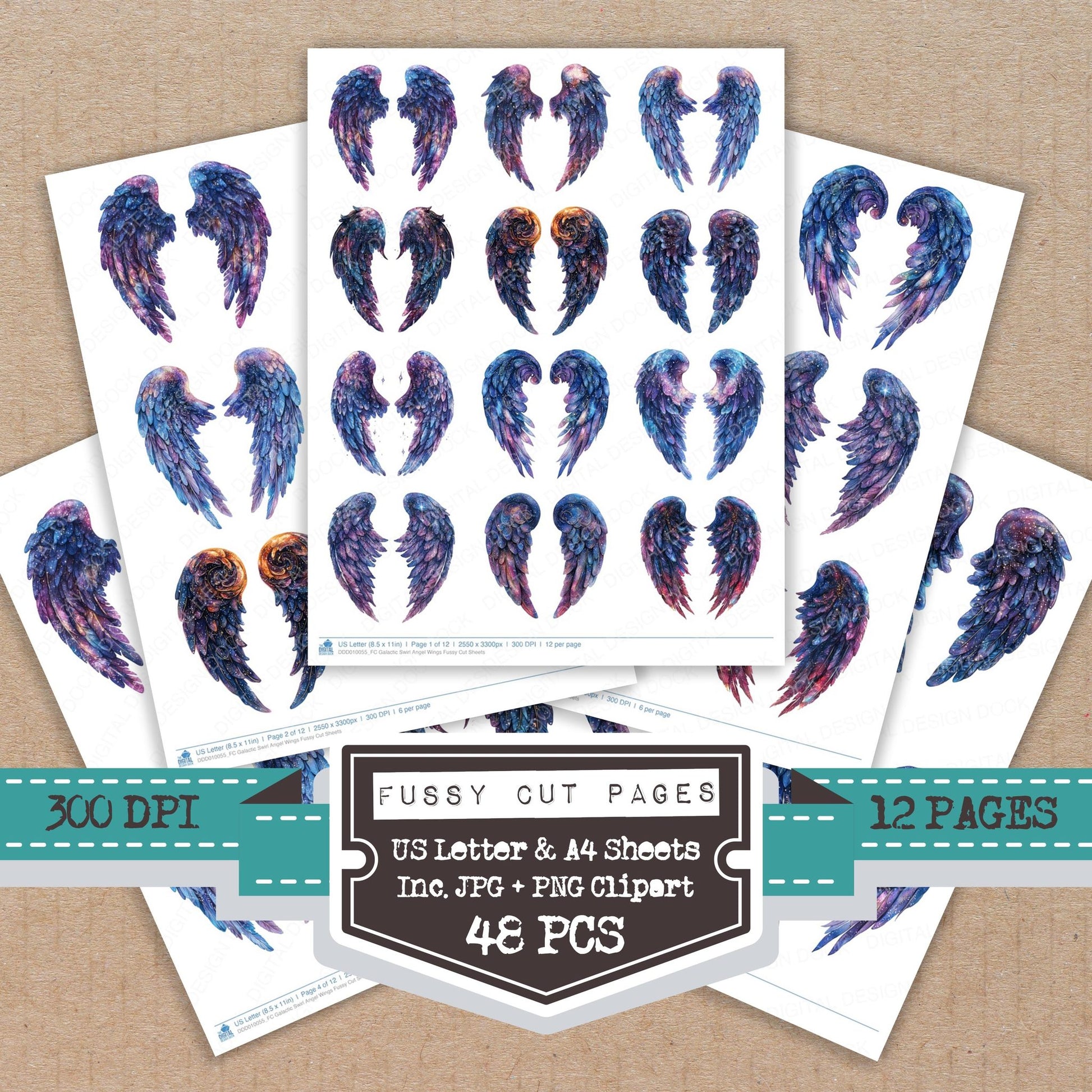 Galactic Swirl Angel Wings fussy cut printable sheets for junk journaling, scrapbooking, and paper craft projects