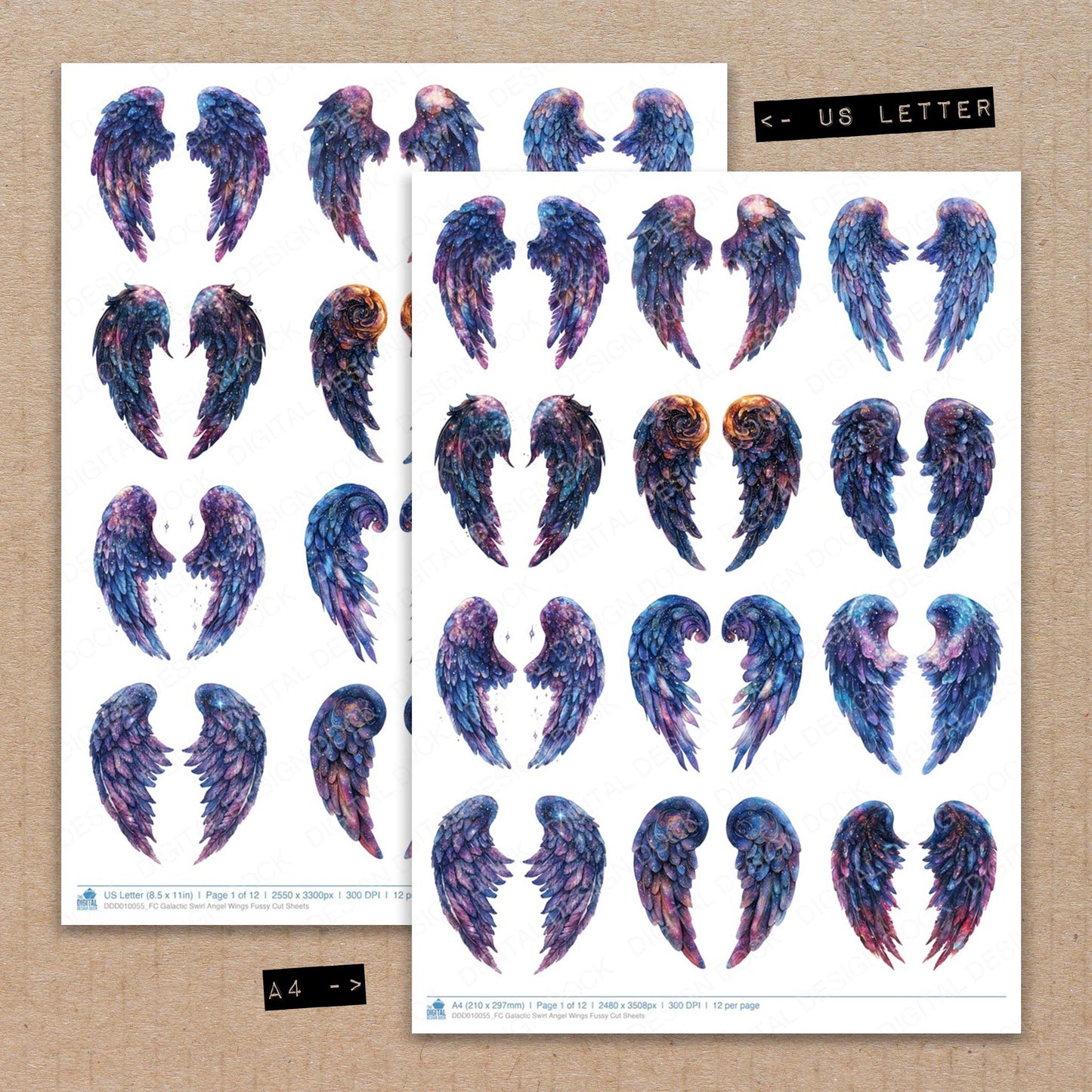 A4 and US Letter format comparison showing Galactic Swirl Angel Wings fussy cut pages for print and cut crafting